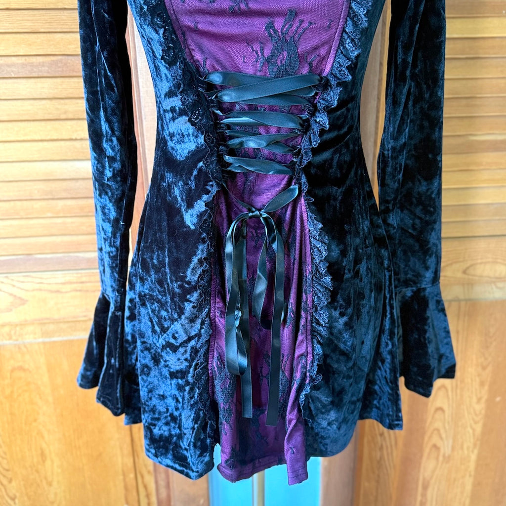 Gothic Victorian Dolls Kill Maroon Moon Black Velvet Mini Dress