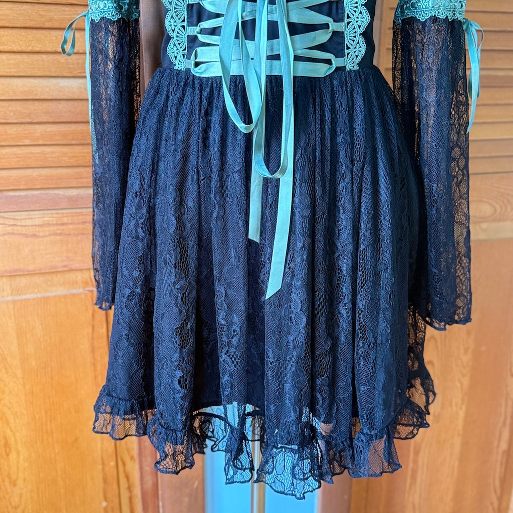 Gothic Fairy Dolls Kill Black Lace Green Lace Up Panel Dress