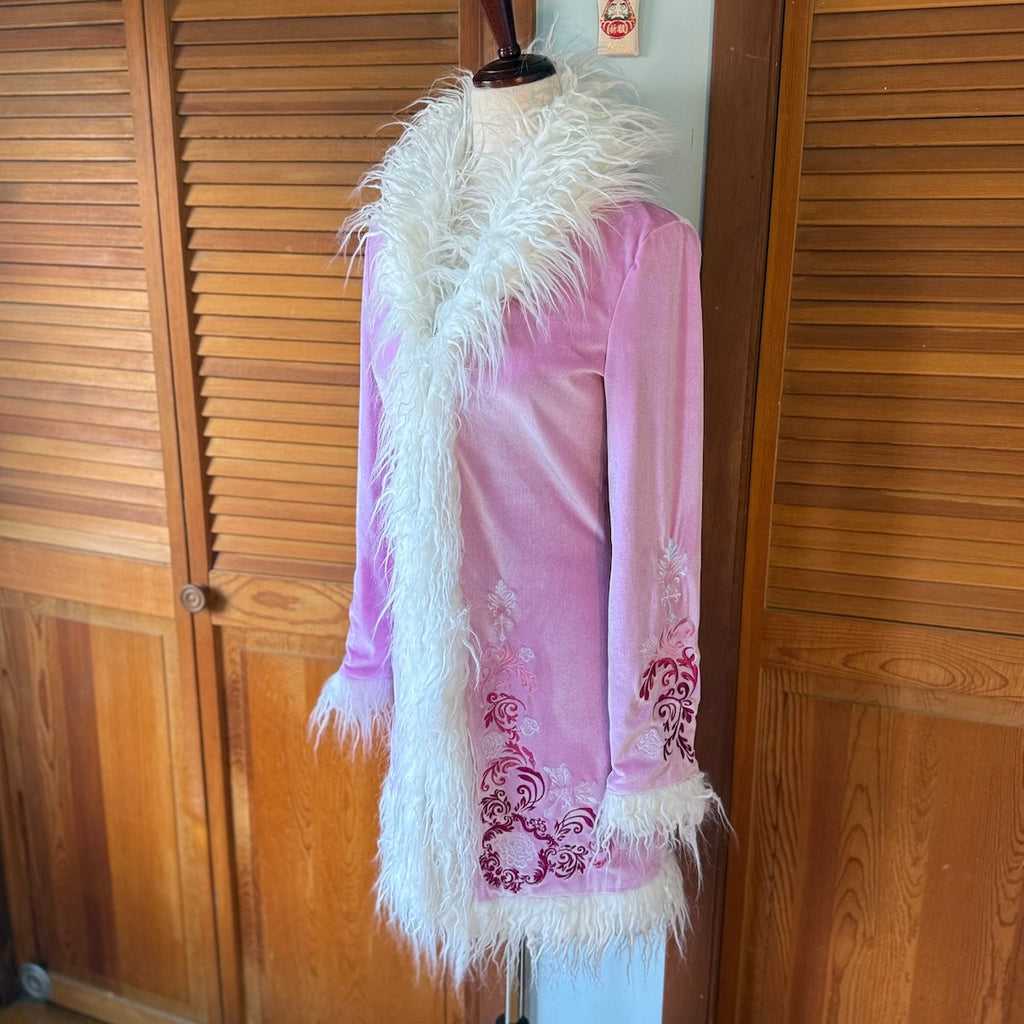 Dolls Kill Whimsigoth Victorian Dollcore Embroidered Pink Faux Fur Trim Jacket