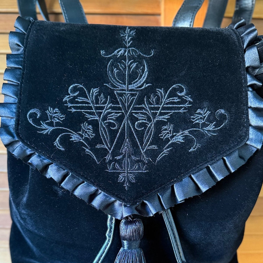 Gothic Victorian Witchy Black Velvet Embroidered Mini Backpack Bucket Purse Bag