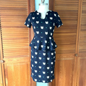 Vintage Retro Navy Blue Elegant Kitty Cat Peplum Dress M