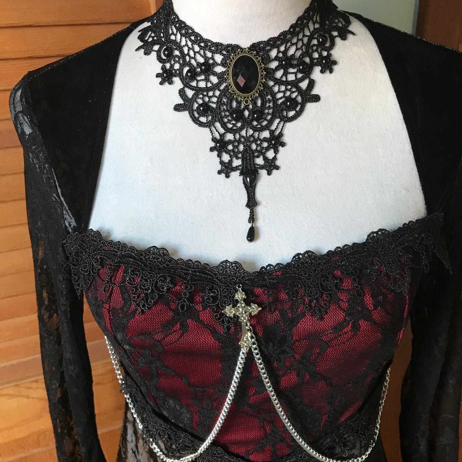 Gothic Victorian Scarlet Dreams Black Velvet & Lace Chain Cross Gown Dress