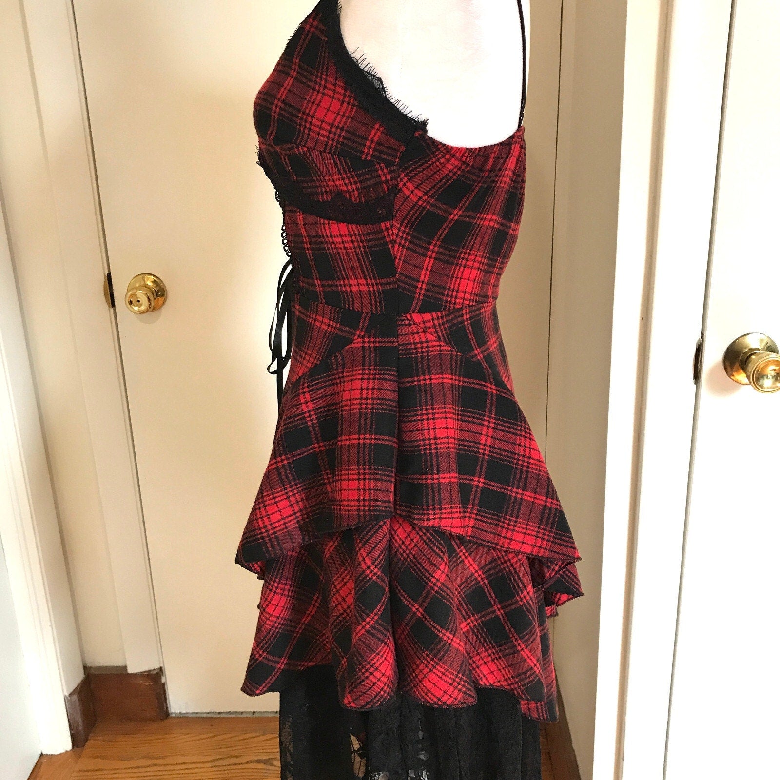 Punk Goth Visual Kei Red & Black Plaid Tartan Asymmetrical Hem Dress S