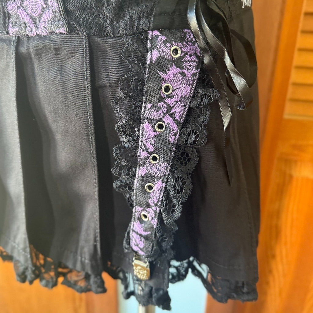 Tripp NYC Goth Punk Emo Lolita Black & Purple Lace Up Garter Mini Skirt