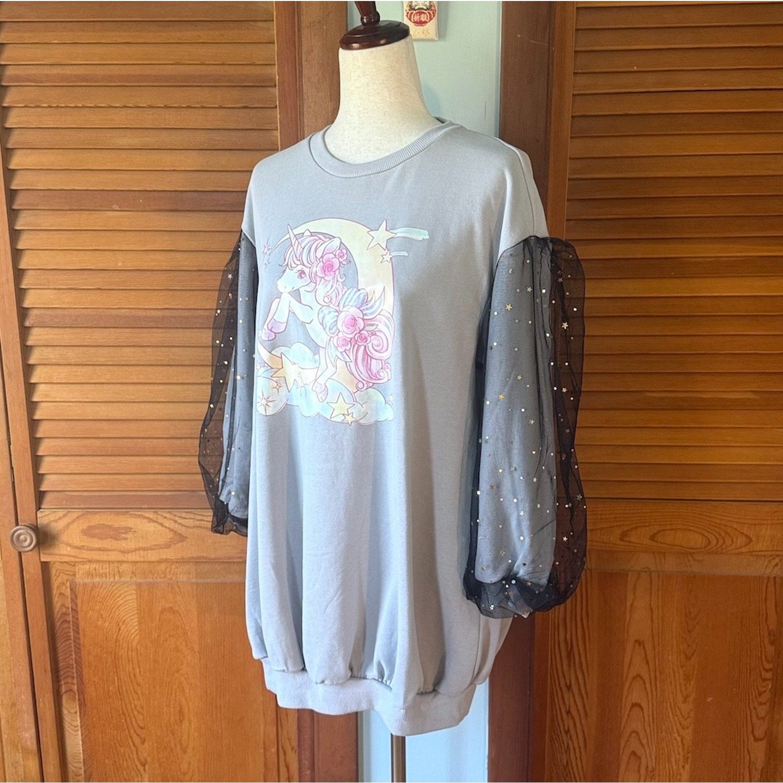 J-fashion Bodyline Gyaru Kawaii Harajuku Gray Unicorn Sweatshirt Dress w/ Bows M