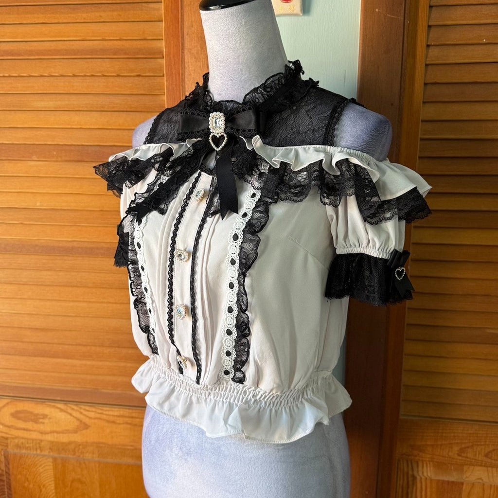 J-fashion Jirai Kei Gyaru Ryosangata Harajuku Pink Black Bow Heart Blouse Top