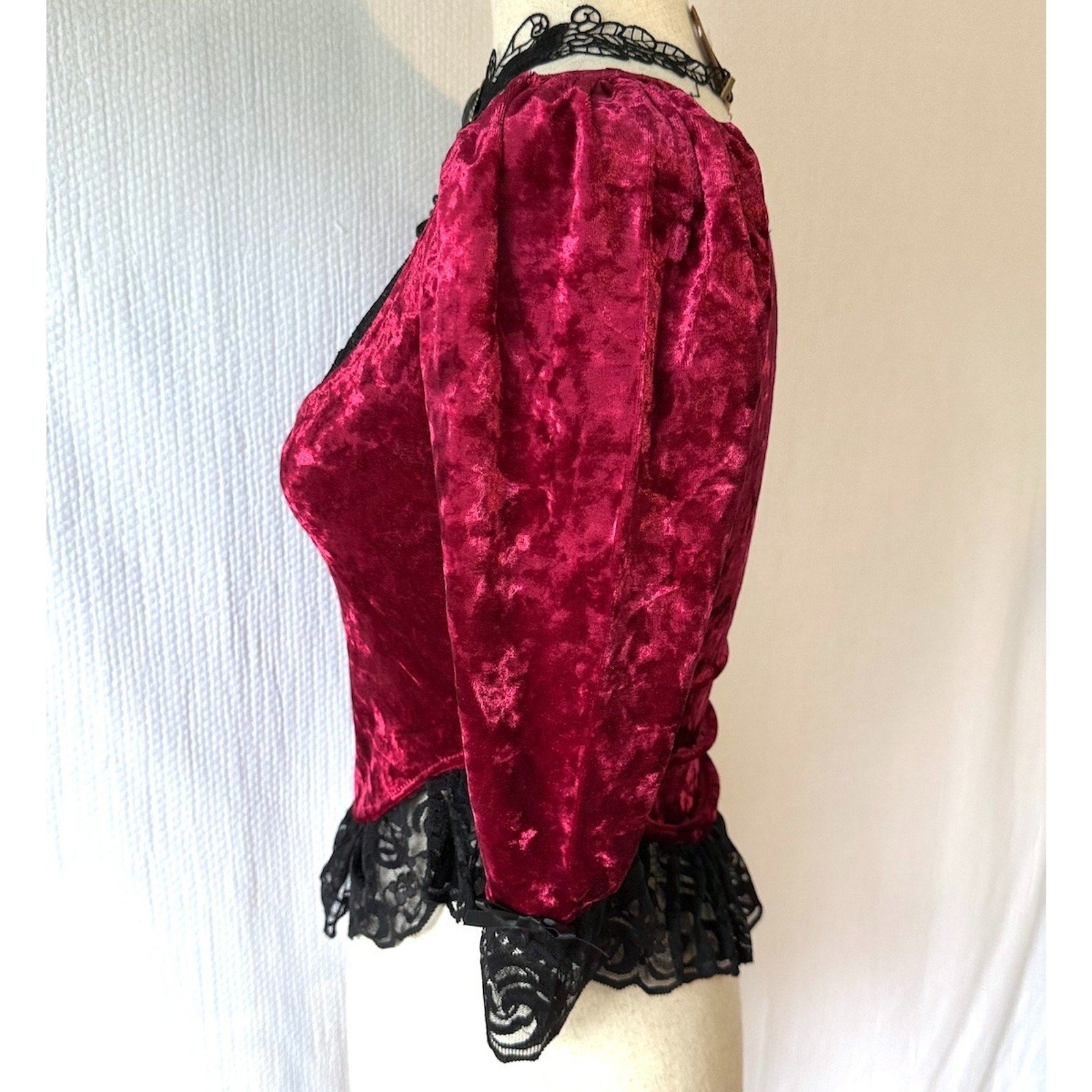 Dolls Kill Widow Vampire Gothic Victorian Blood Red Velvet & Black Lace Top