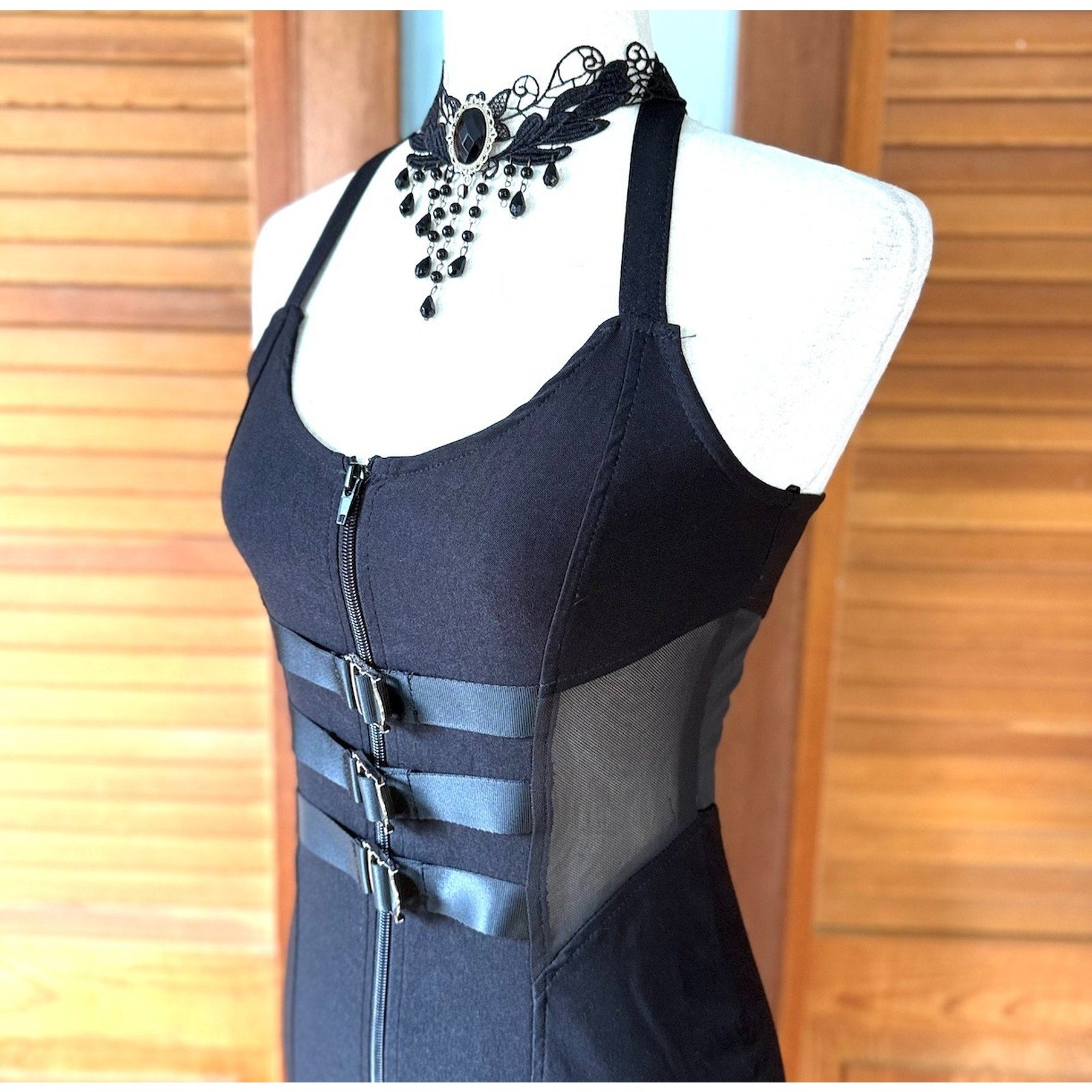 Killstar Punk Goth Cyber Pinup Y2K Buckle & Mesh Black Dress XS