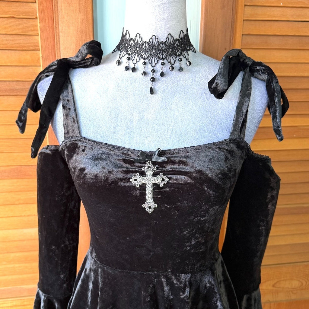Doll Kill Gothic Dark Fairycore Black Velvet Tie Shoulder Mini Dress