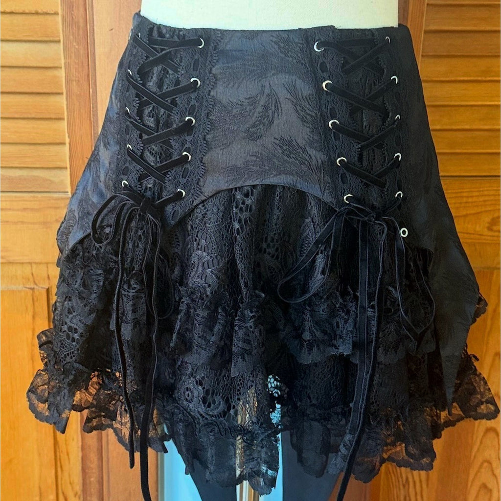 Dark in Love Gothic Victorian Vampire Black Brocade & Lace Swallow Tail Skirt