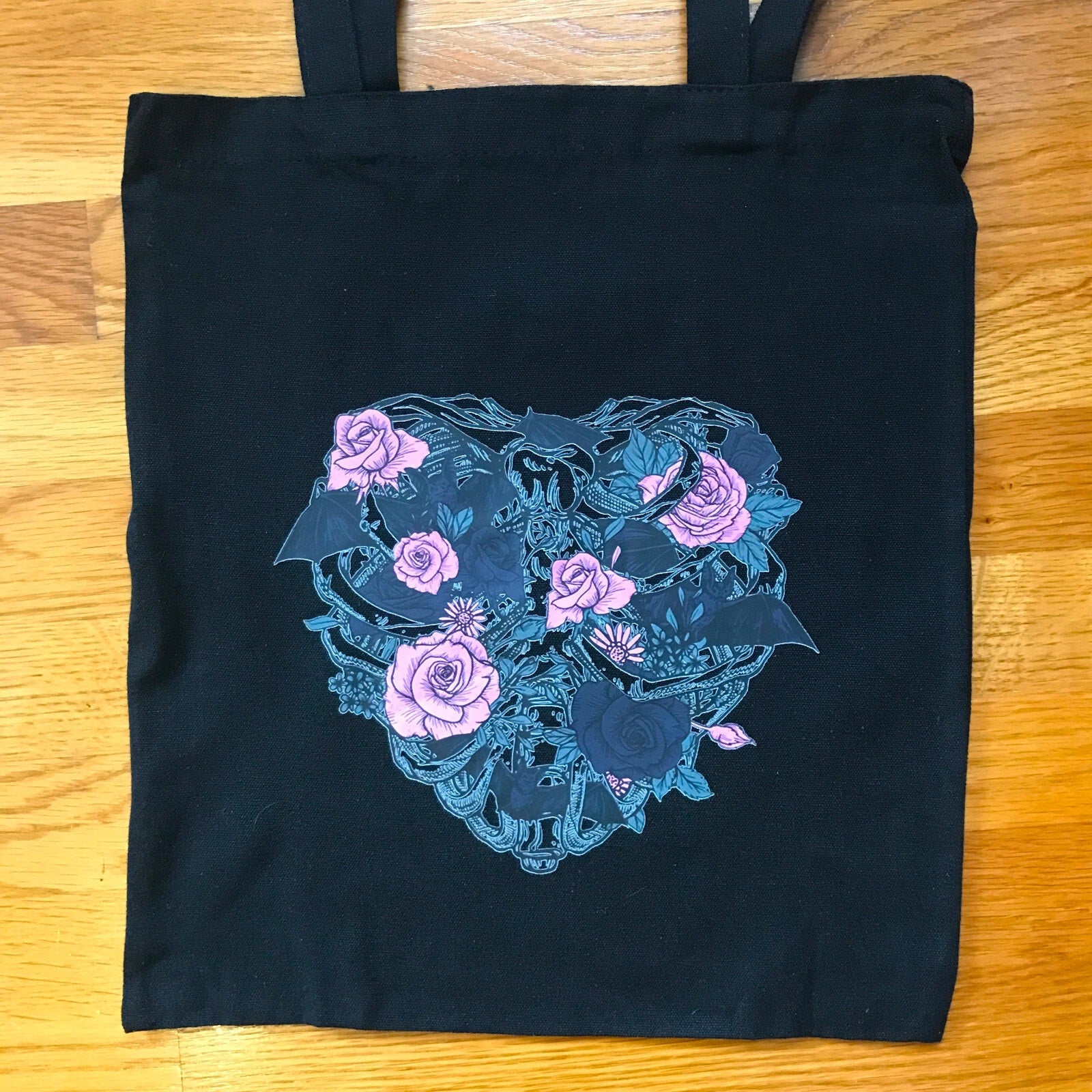Garden Goth Gothic Lolita EGL Punk Pink & Black Rose Heart Bat Black Tote Bag