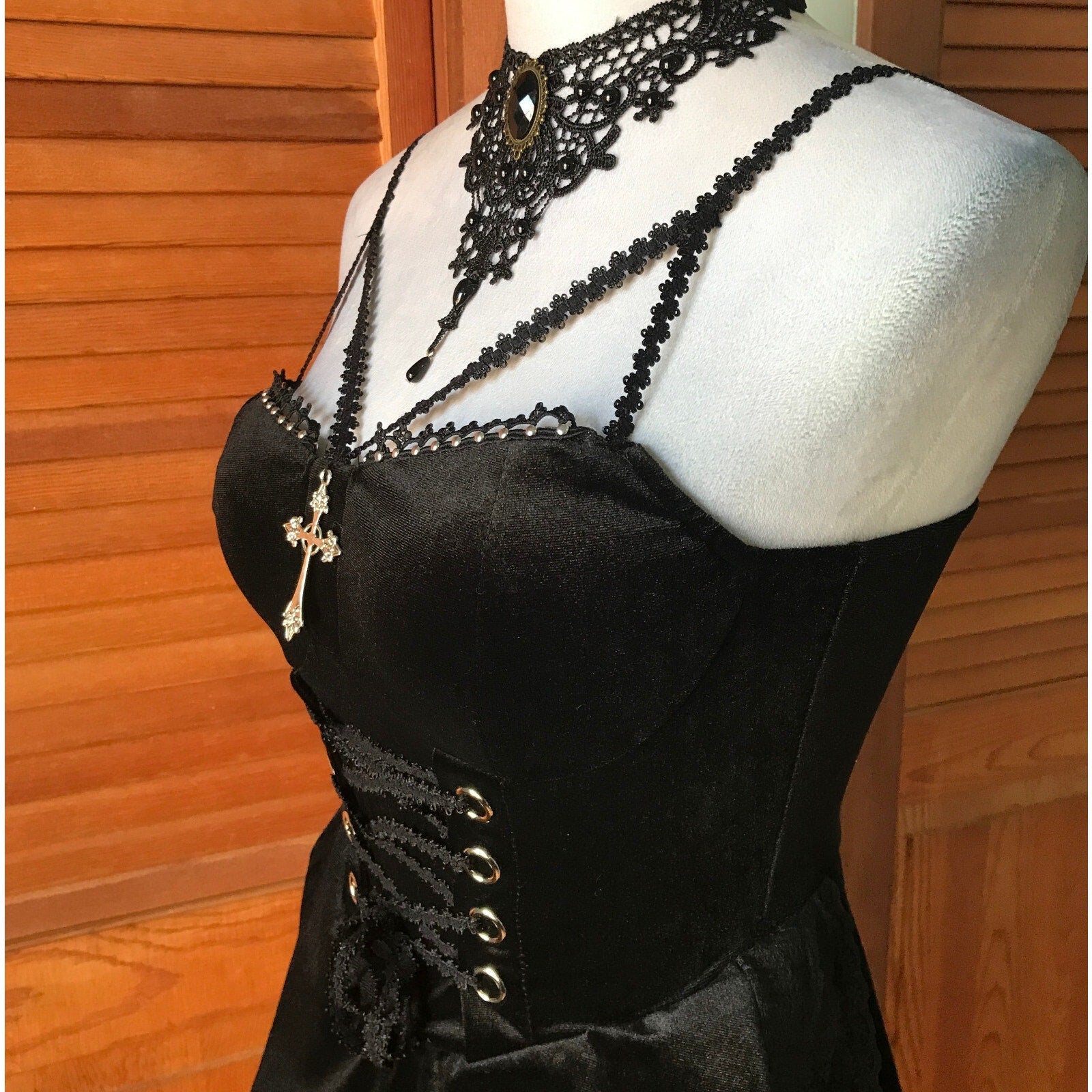 Gothic Victorian Torture Petals Black Velvet High Low Lace-Up Gown Dress S