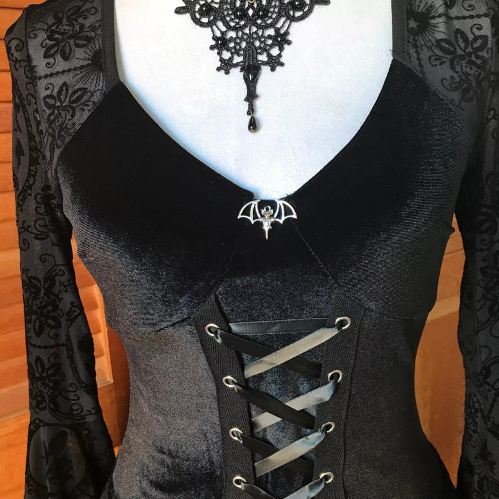 Gothic Victorian Shadow Garden Black Velvet & Lace Dress