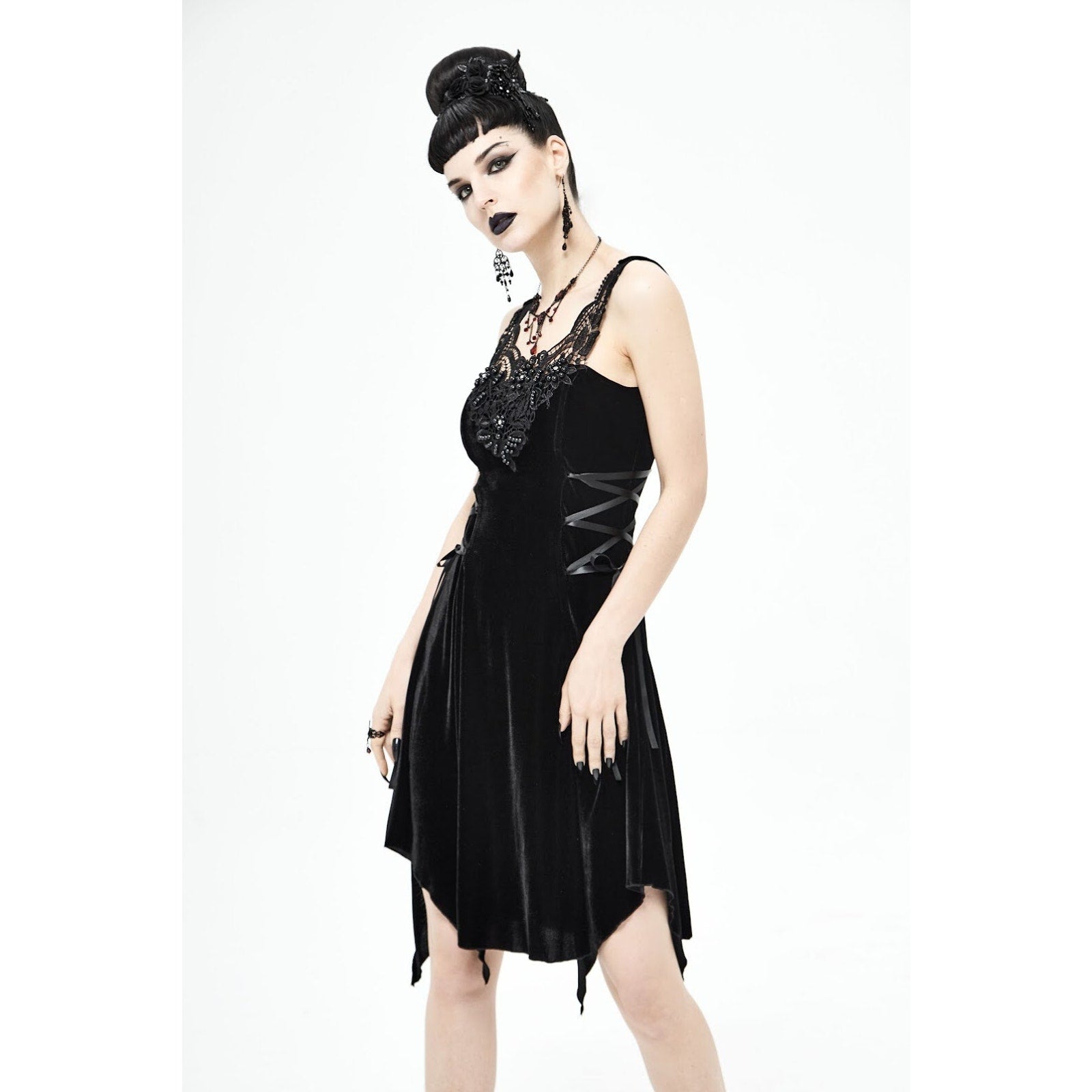 Devil Fashion Gothic Victorian Dark Fairy Beaded Lace-Up Sides Mini Dress