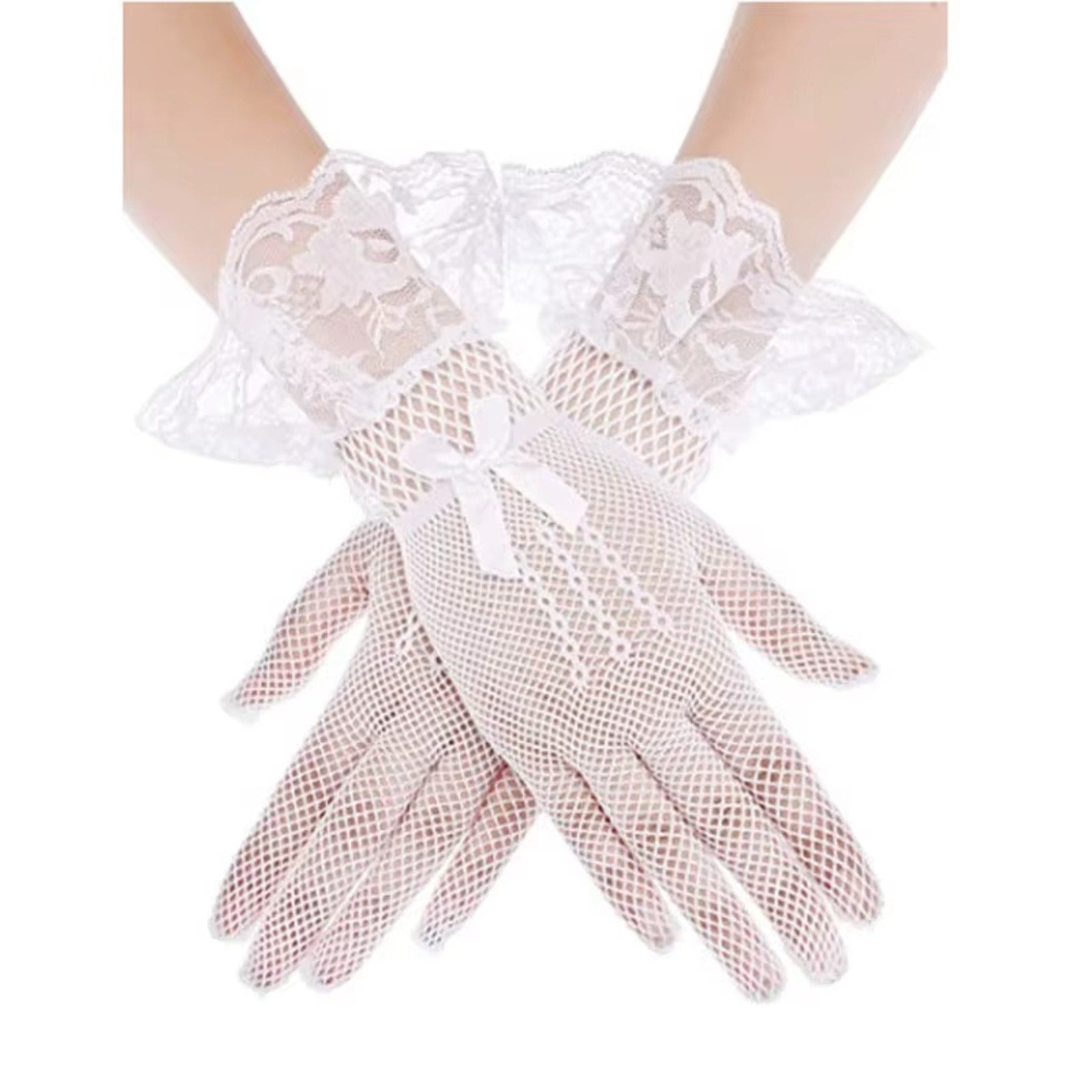 Gothic Victorian Lolita EGL Lolita Vampire White Fishnet Lace & Bow Gloves