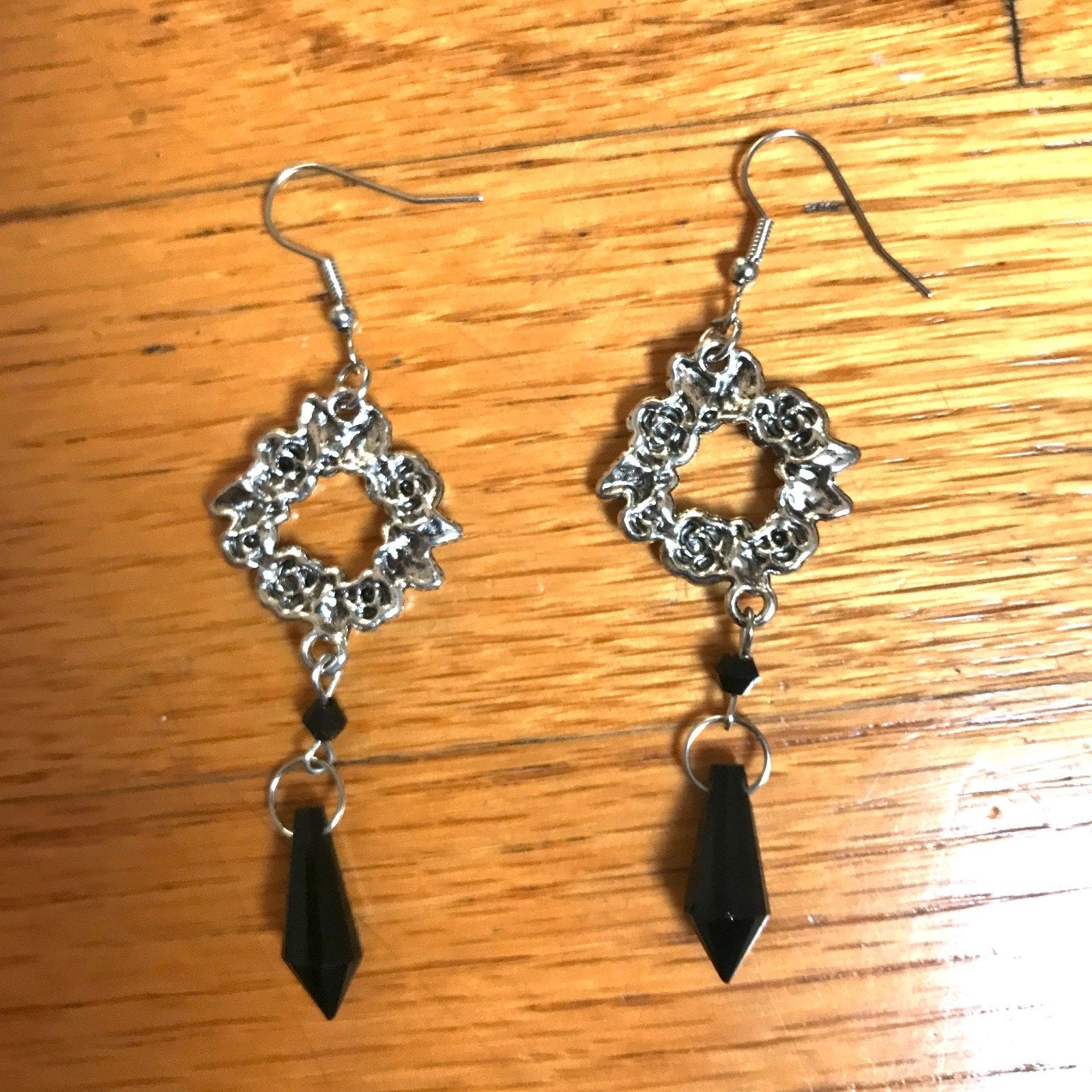 Gothic Victorian Vampire Witchcore EGL Black & Silver Large Rose Circle Earrings