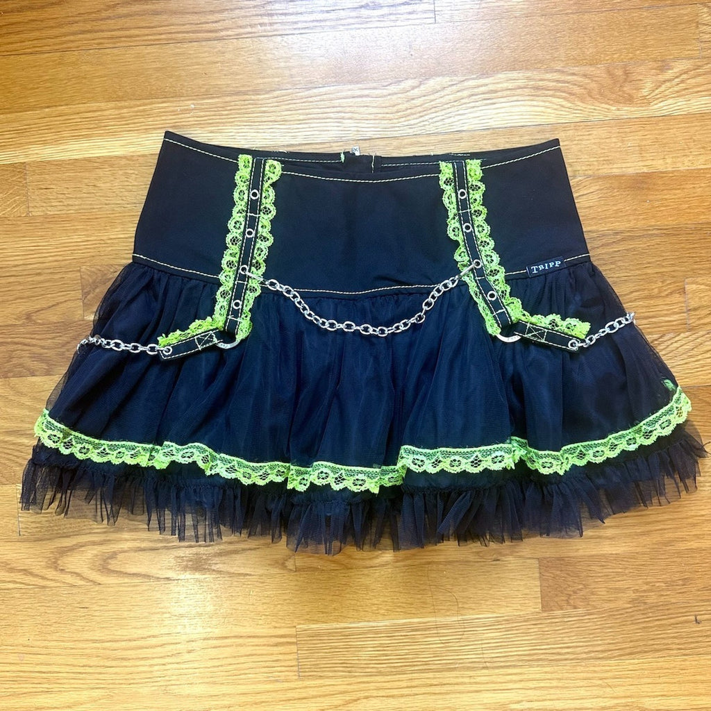 Tripp NYC Gothic Lolita Punk Black Green Lace & Chains Tulle Tutu Mini Skirt XL