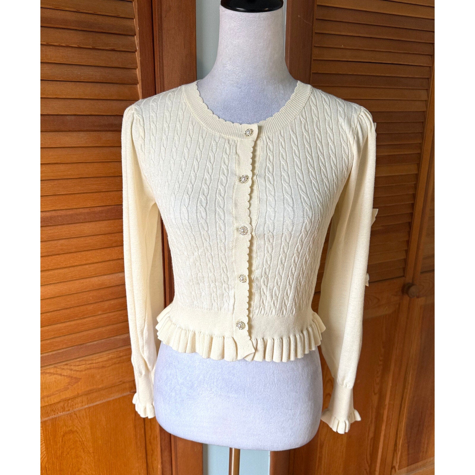 Axes Femme Jfashion Kawaii Cottage Ivory Textured Bow Sleeve Cardigan Sweater M