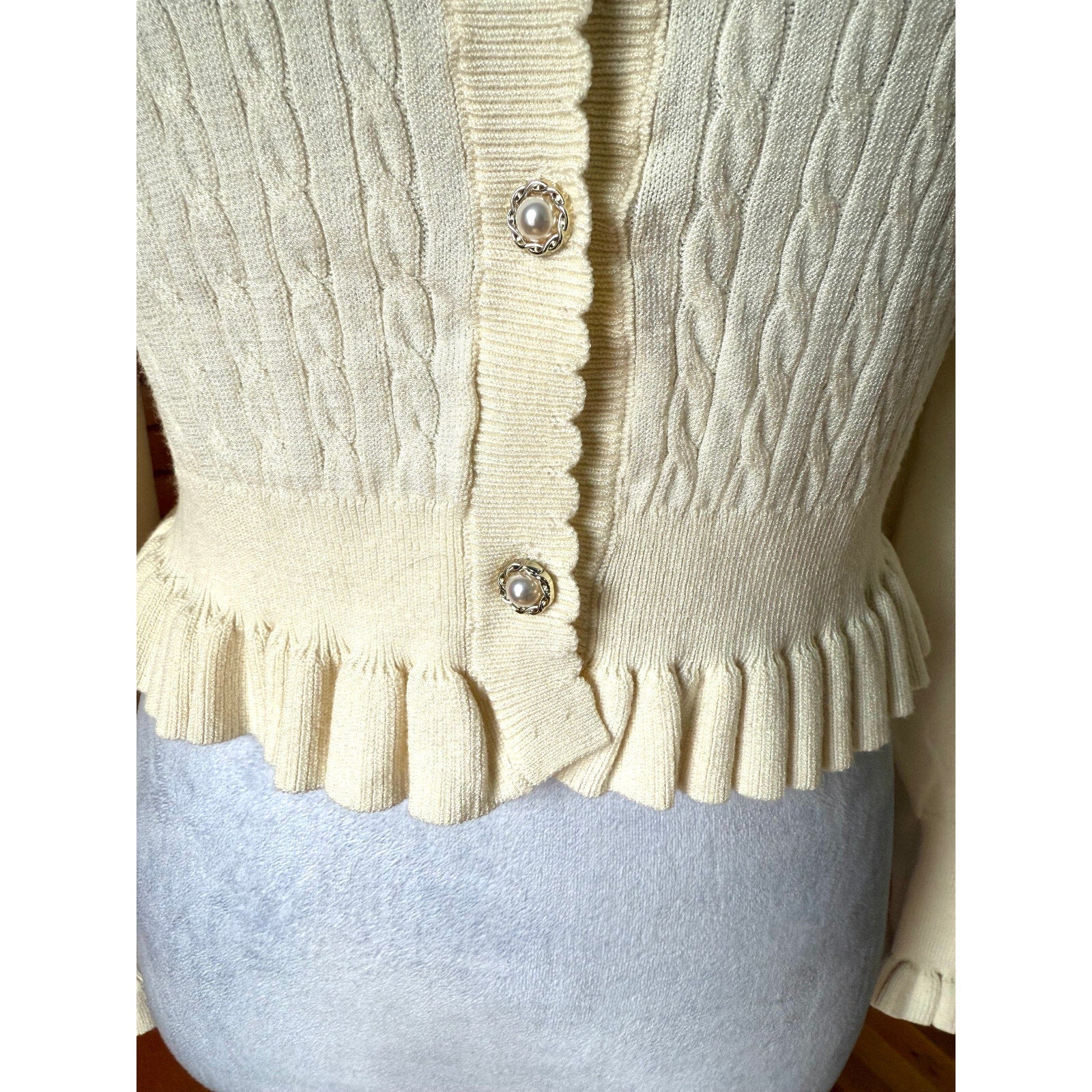 Axes Femme Jfashion Kawaii Cottage Ivory Textured Bow Sleeve Cardigan Sweater M