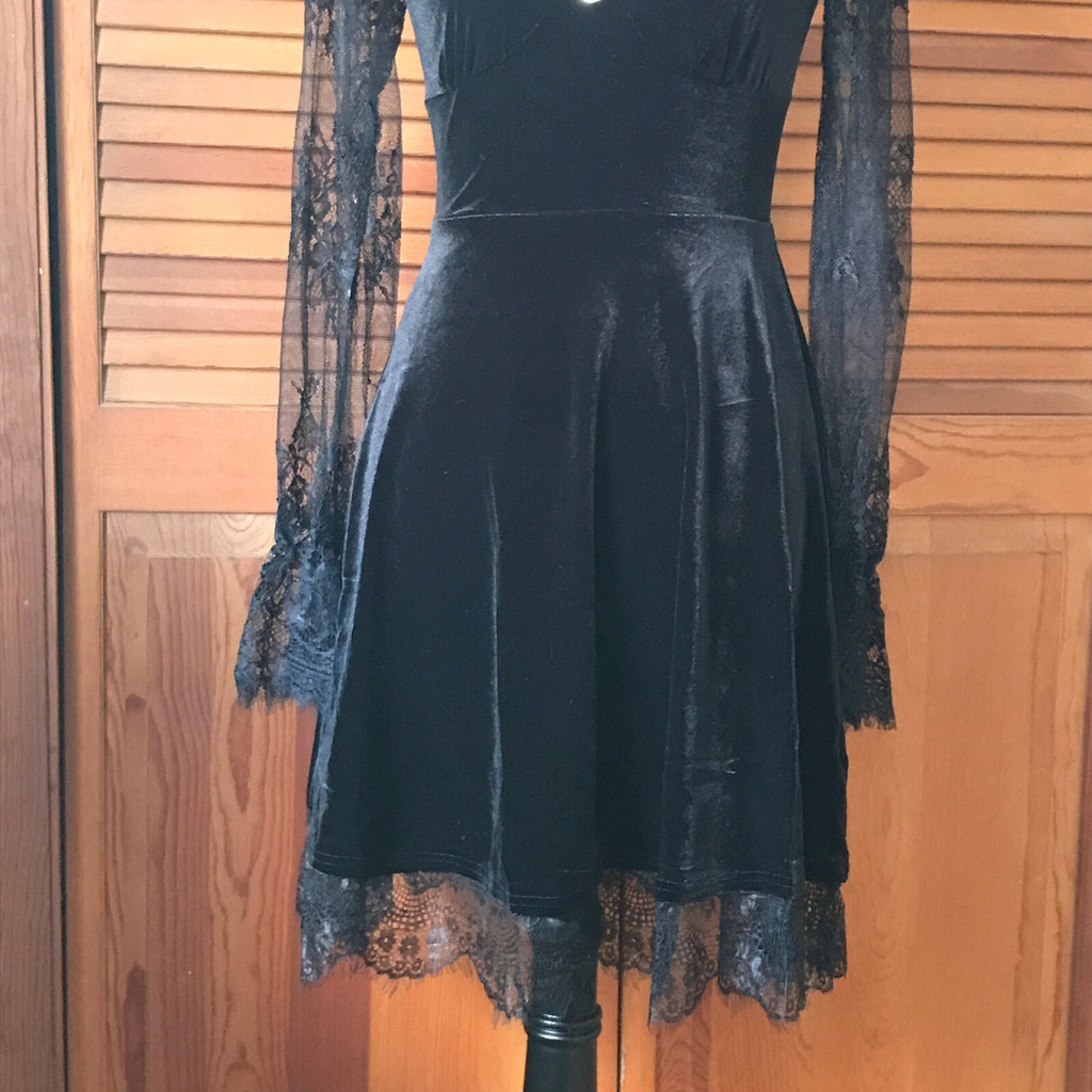 Gothic Victorian Dark Side of the Moon Black Velvet & Lace Dress