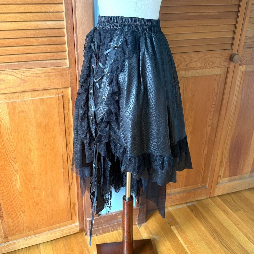 ACDC Rag Punk Goth J-fashion EGL Black Lace-Up Pixie Hem Layered Skirt XS-XL