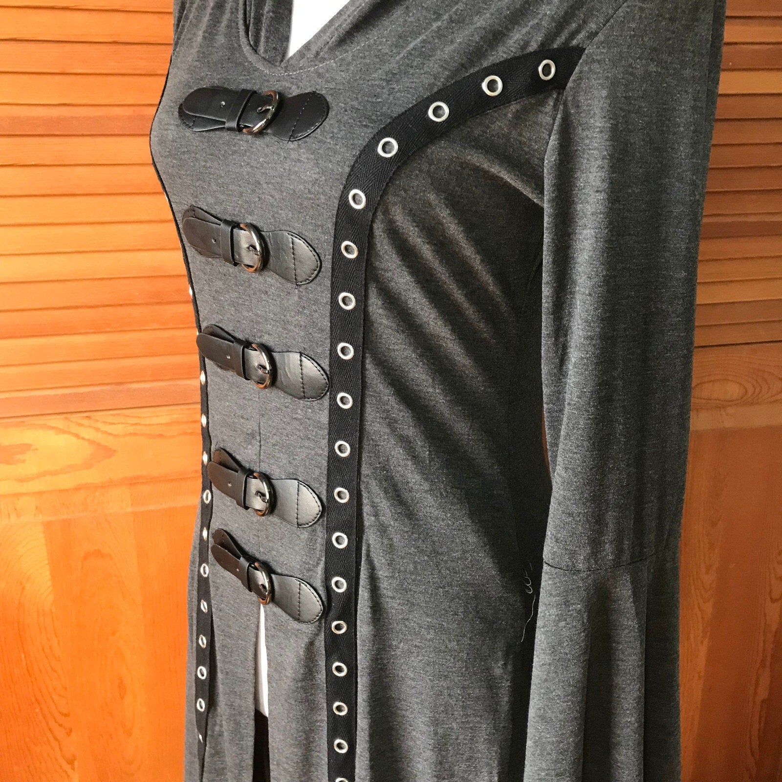 Goth Punk Emo Witchy Y2K Hooded Gray Buckle High-Low Duster Jacket Top Dress S