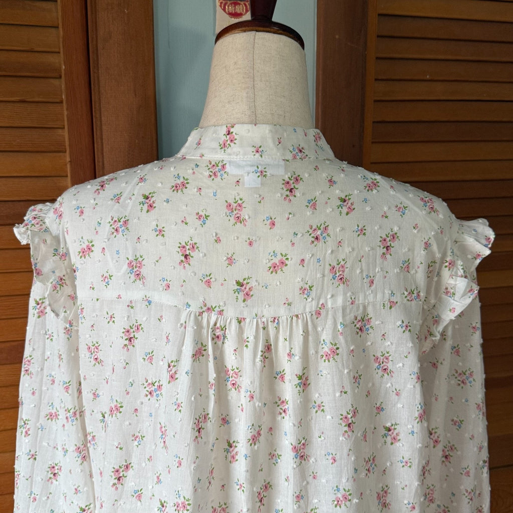 Vintage Style Romantic Victorian Whimsigoth White Cotton Pink Rose Ruffle Shirt