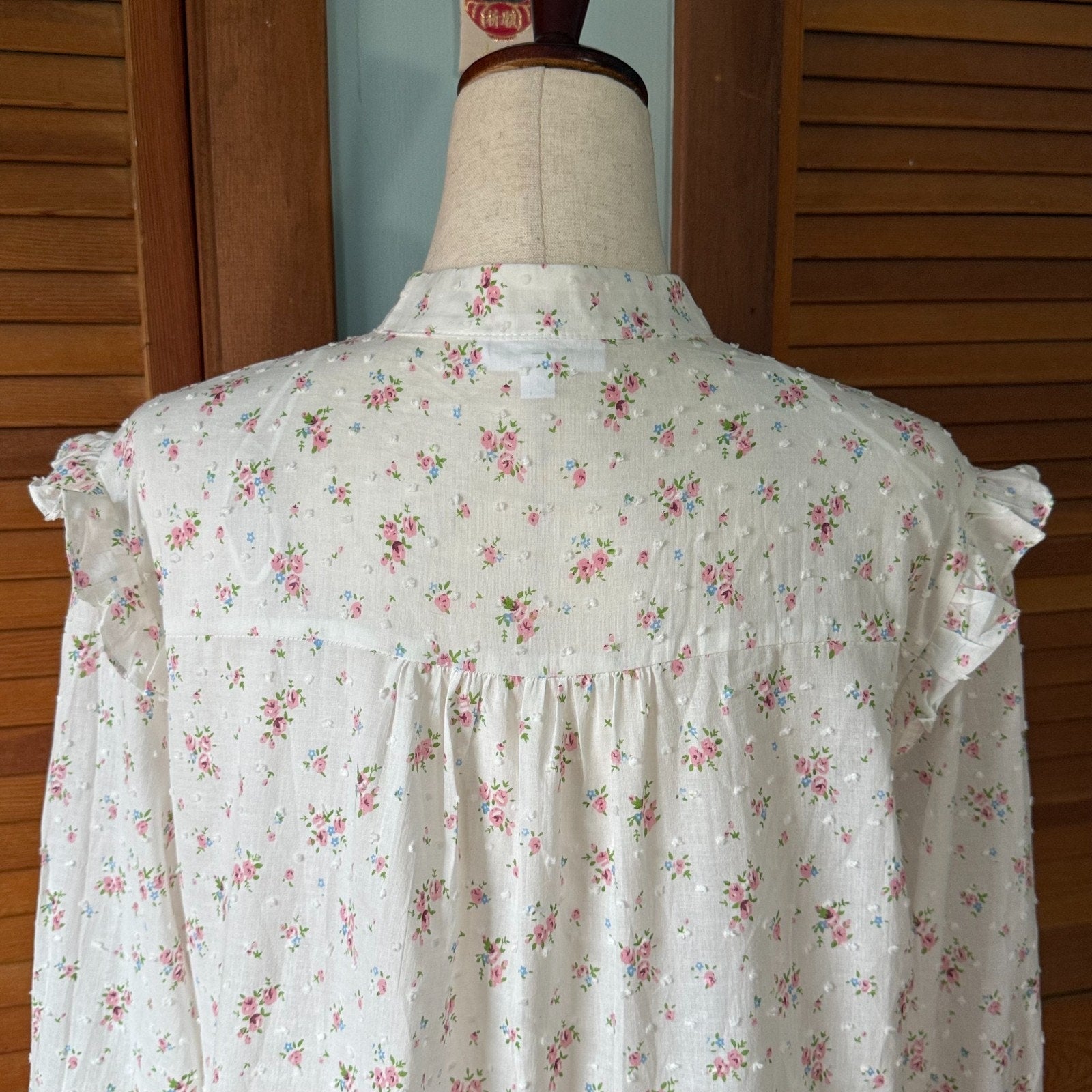 Vintage Style Romantic Victorian Whimsigoth White Cotton Pink Rose Ruffle Shirt