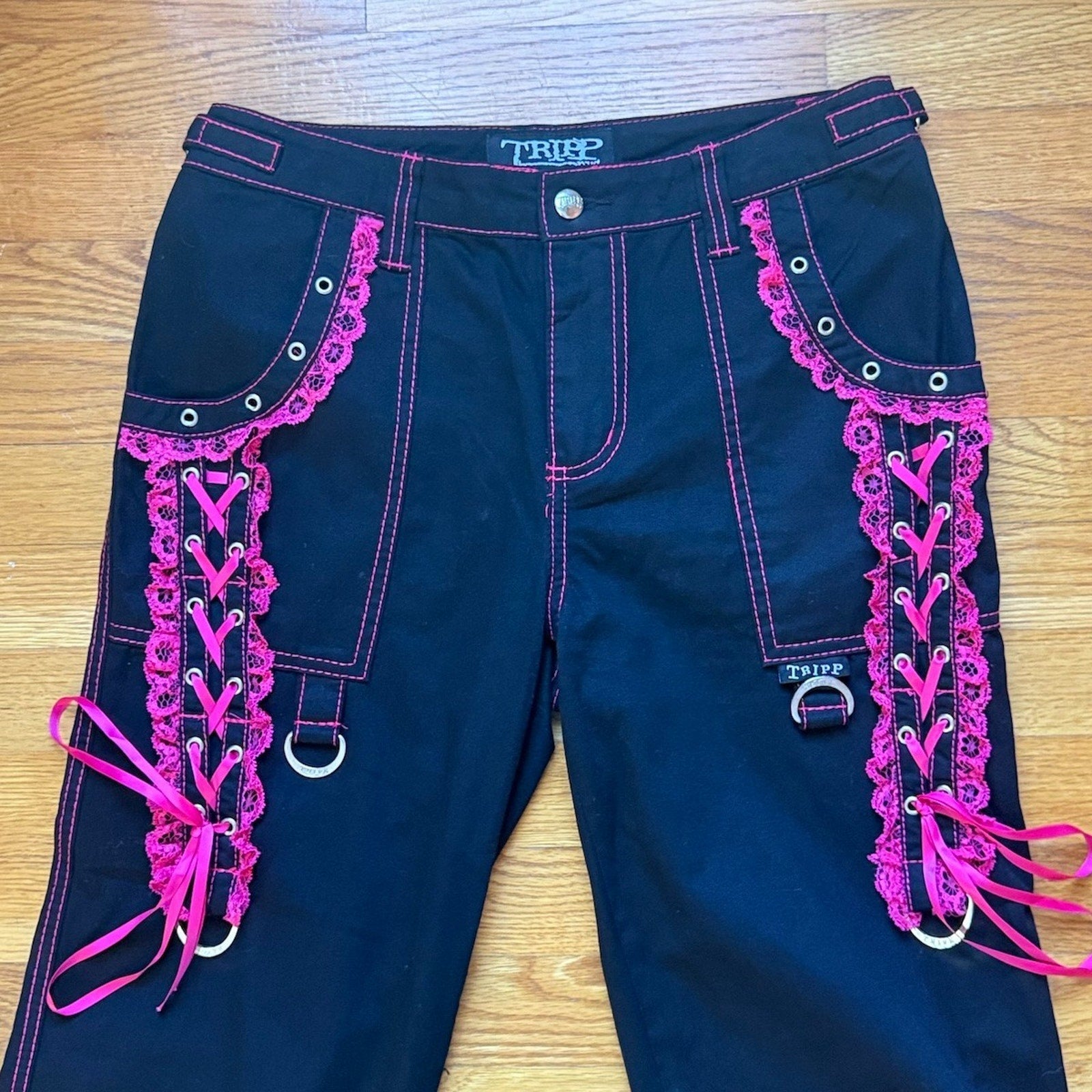 Tripp NYC Gothic Lolita Punk Emo Black Pants w/ Pink Lace Ruffles 29/9