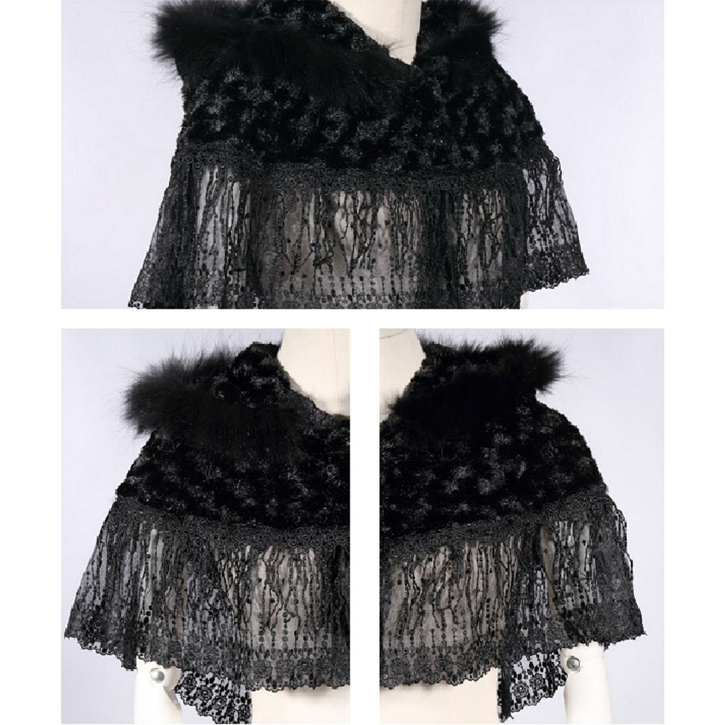 Gothic Lolita Steampunk Victorian Adorable Plush Fur & Lace Black Hooded Cape