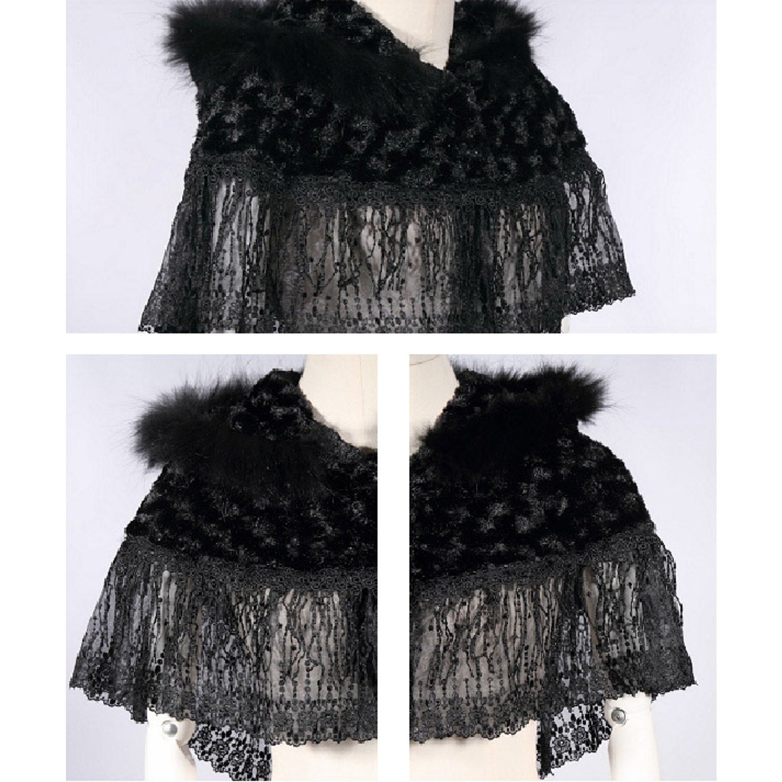 Gothic Lolita Steampunk Victorian Adorable Plush Fur & Lace Black Hooded Cape