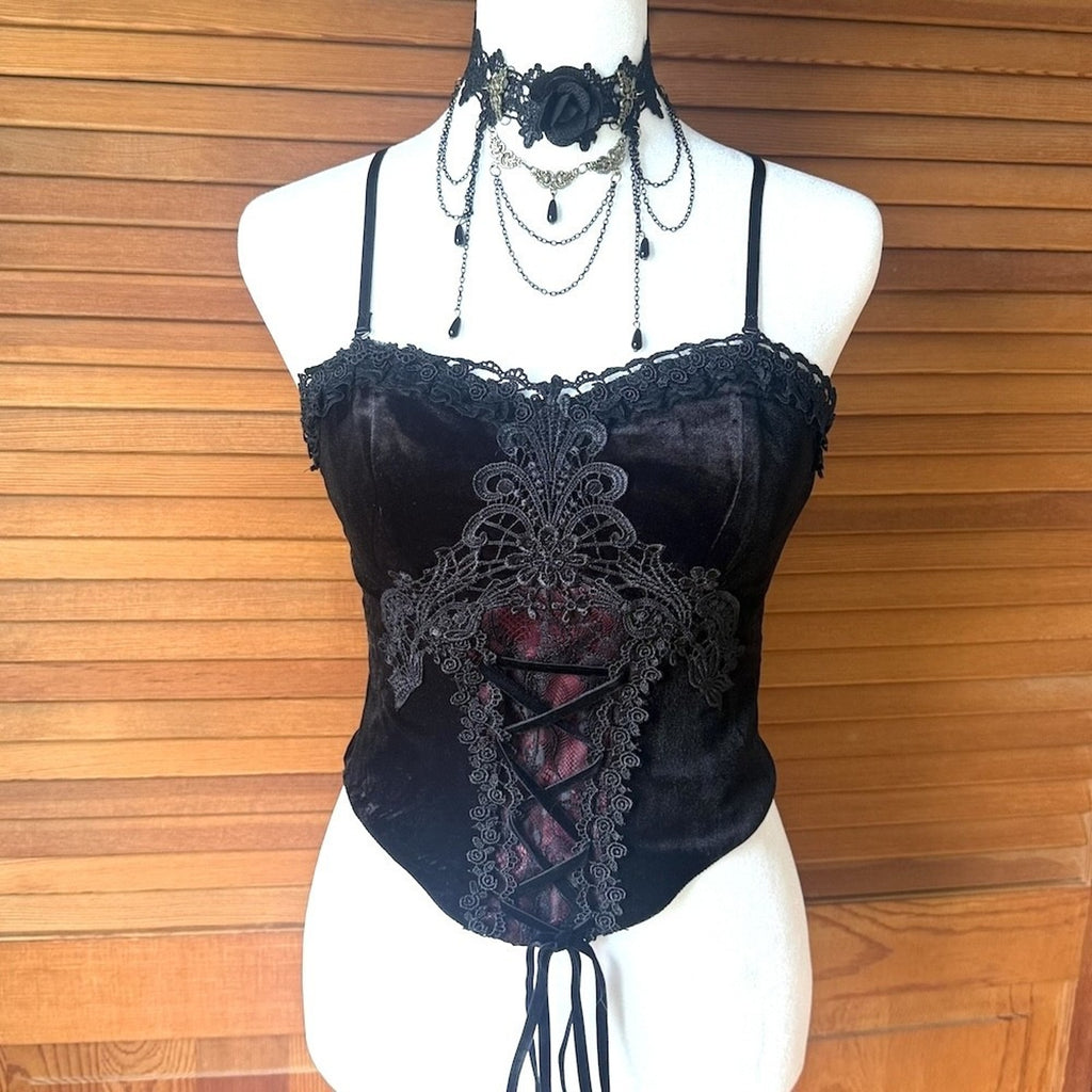 Dark in Love Gothic Victorian Blood Offering Black Red Velvet & Lace Cami Top