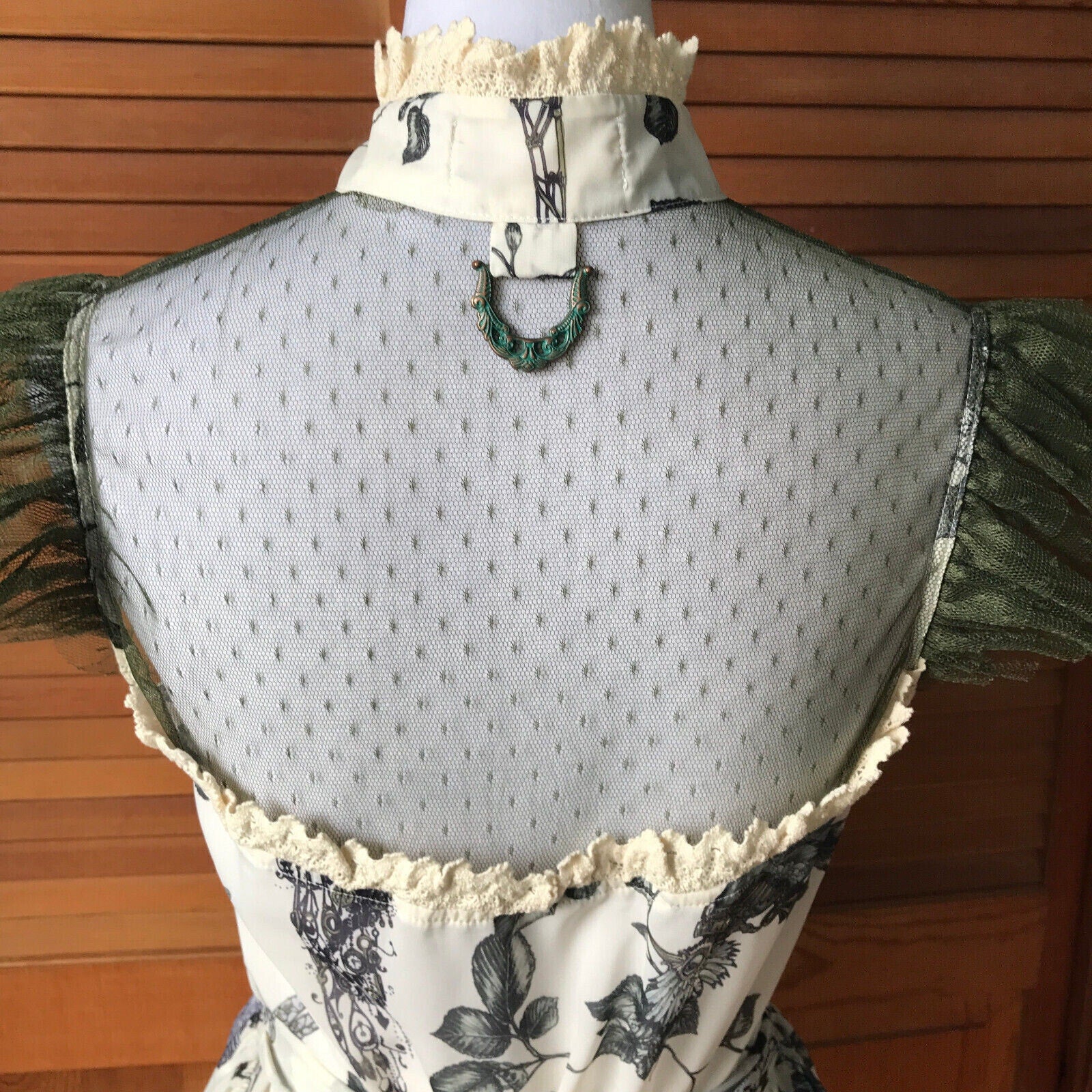 Lip Service Mecanique Menagerie Gothic Victorian Ivory & Green Chiffon Blouse M