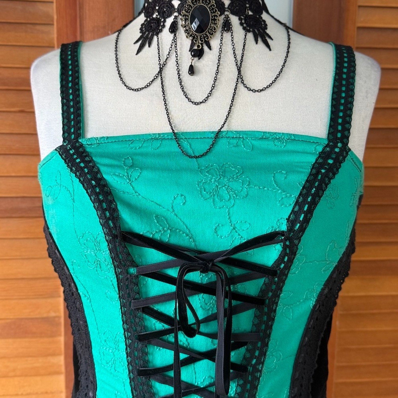 Vintage Tripp NYC Black Velvet Green Jacquard Lace Up Front & Back Corset Top L