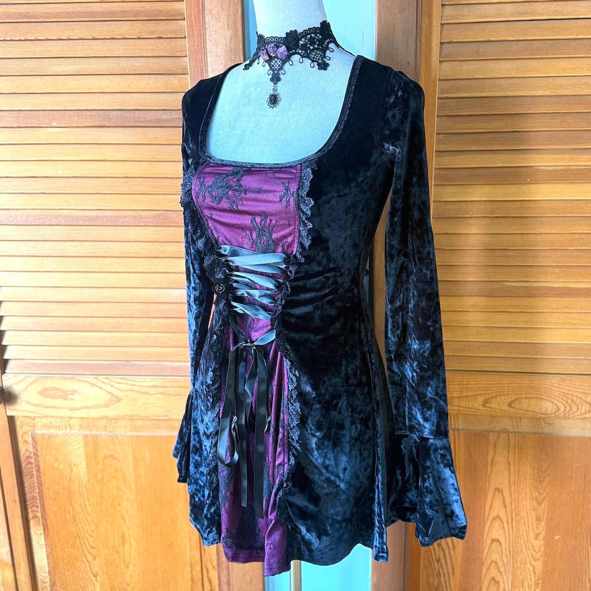 Gothic Victorian Dolls Kill Maroon Moon Black Velvet Mini Dress