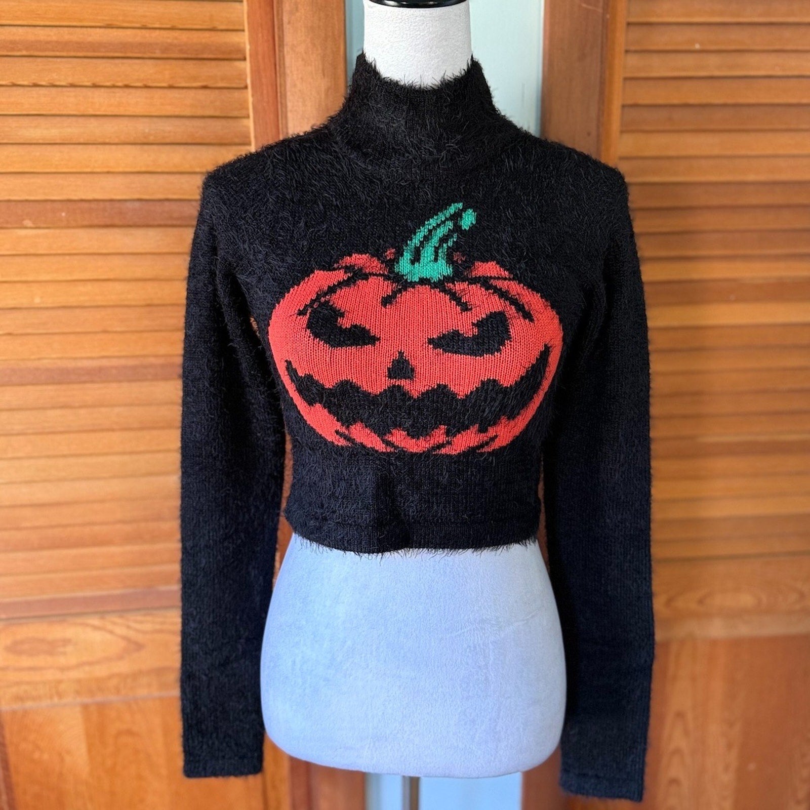 Dolls Kill Goth Punk Witch Halloween Black Orange Pumpkin Fuzzy Sweater