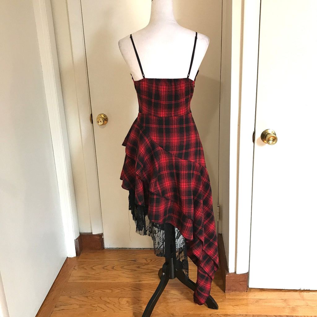Punk Goth Visual Kei Red & Black Plaid Tartan Asymmetrical Hem Dress S