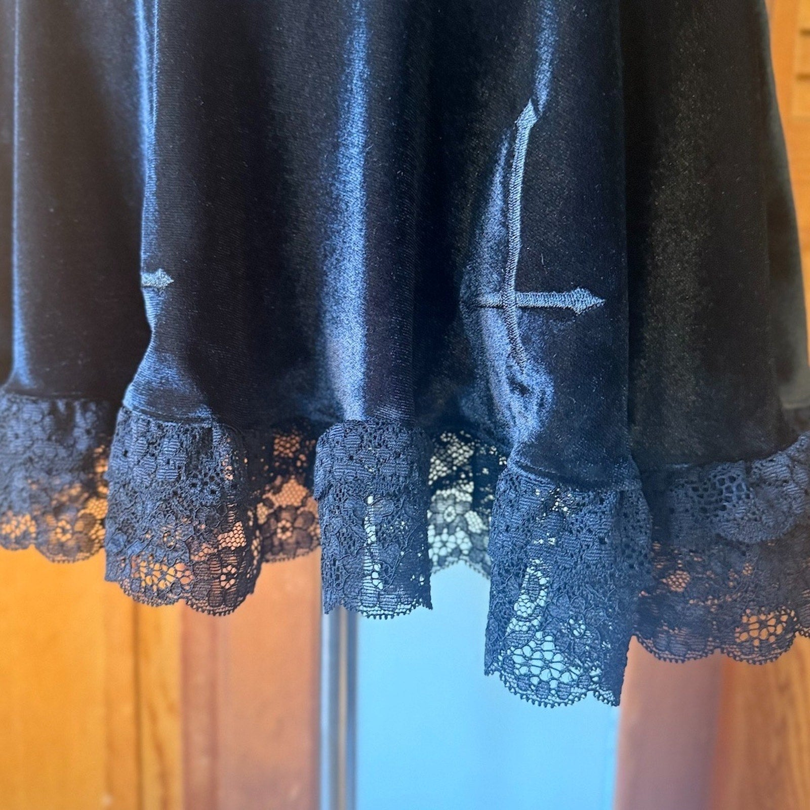 Gothic Victorian Witchcore Lolita Vkei Black Velvet Cross & Ruffle Mini Skirt