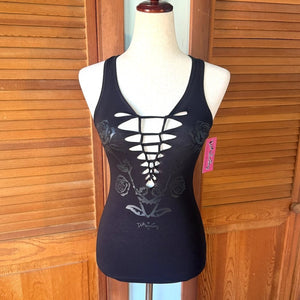 Demi Loon Punk Goth Emo Grunge "Black Rose" Slashed Cutout Festival Tank