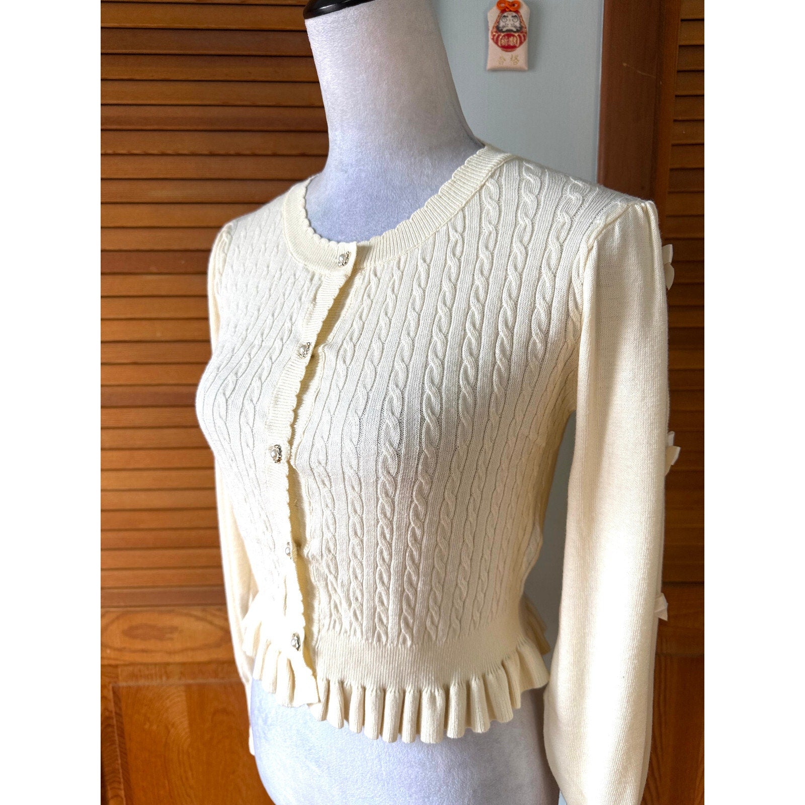 Axes Femme Jfashion Kawaii Cottage Ivory Textured Bow Sleeve Cardigan Sweater M