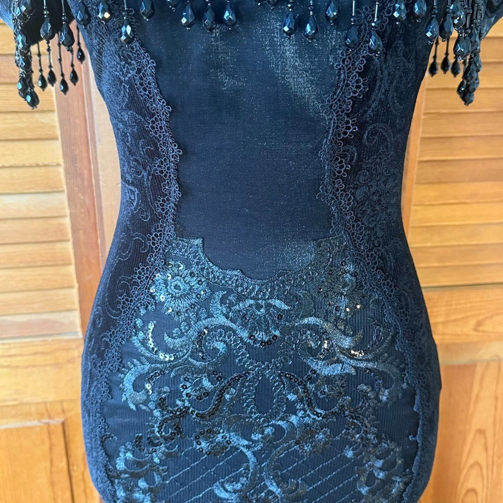 Devil Fashion Gothic Victorian 'Vampire Masquerade' Black Velvet Beaded Gown