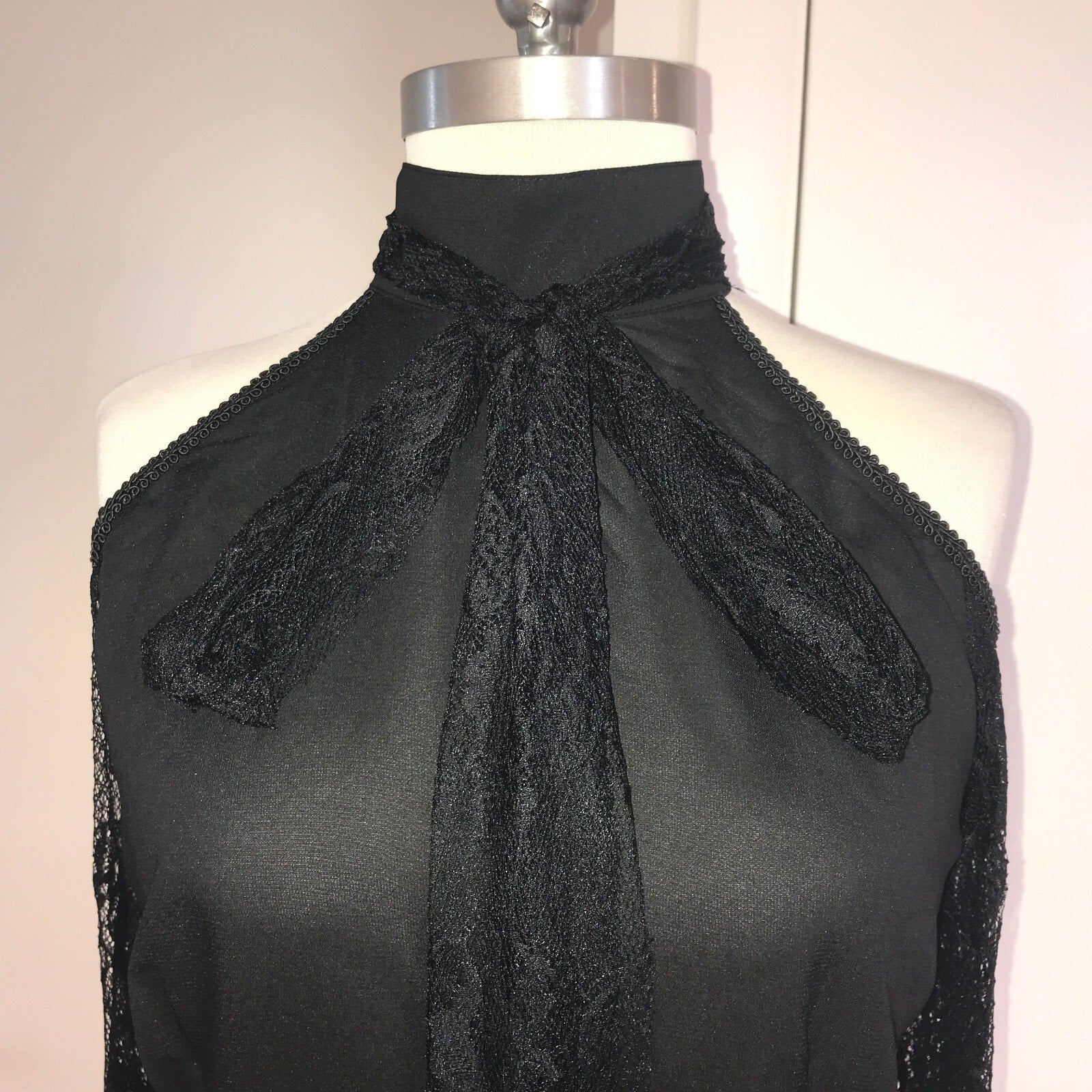 Vintage Lip Service Gothic Lolita Victorian Chiffon & Lace Open Shoulder Top M