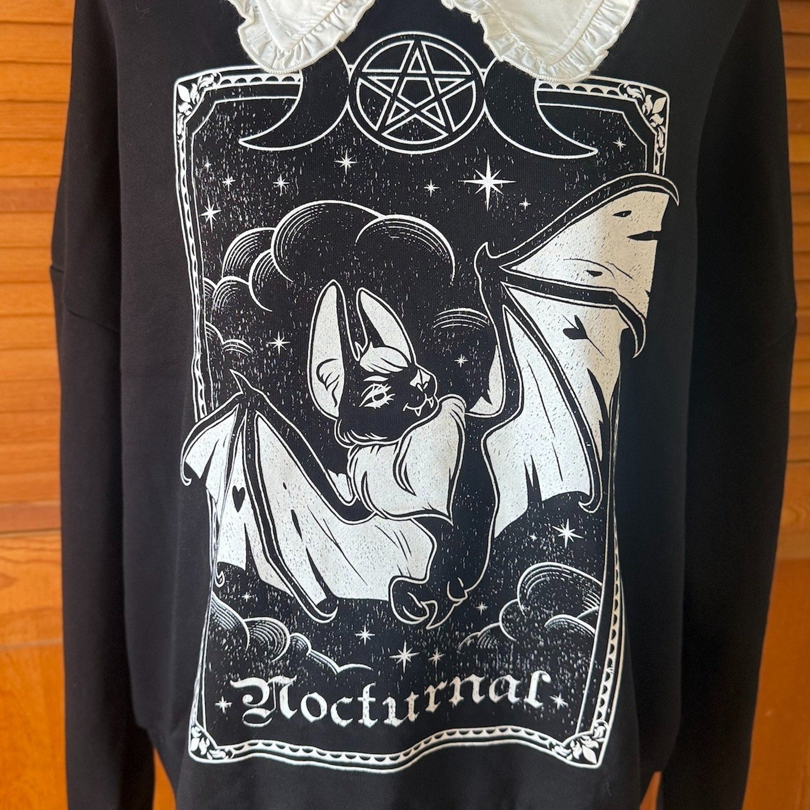Dolls Kill Punk Goth Nocturnal Bat Tarot Black Sweatshirt w/ White Collar XS-M