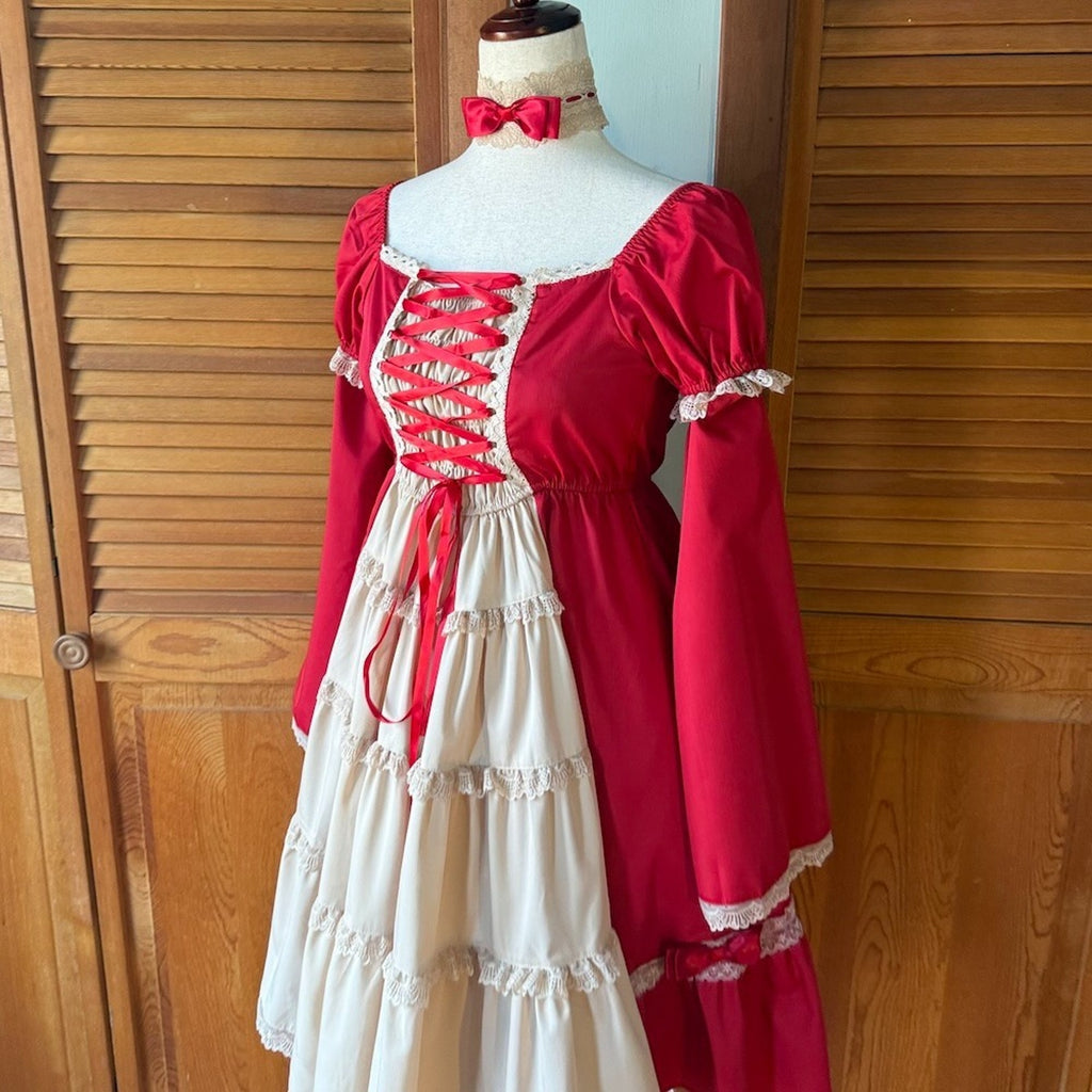 Bodyline ELG Lolita Kawaii Dollcore Red Beige Transformer Lace-Up Dress M