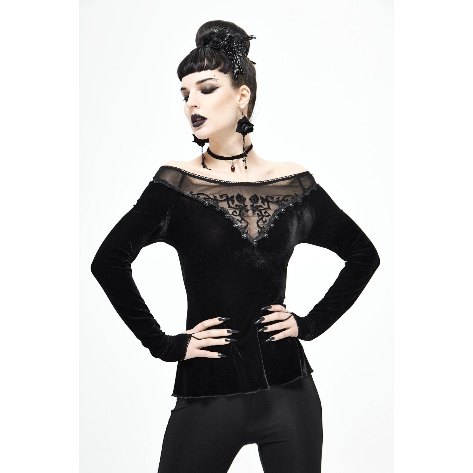 Devil Fashion Gothic Victorian Black Velvet Rose Diva Long Sleeve Top
