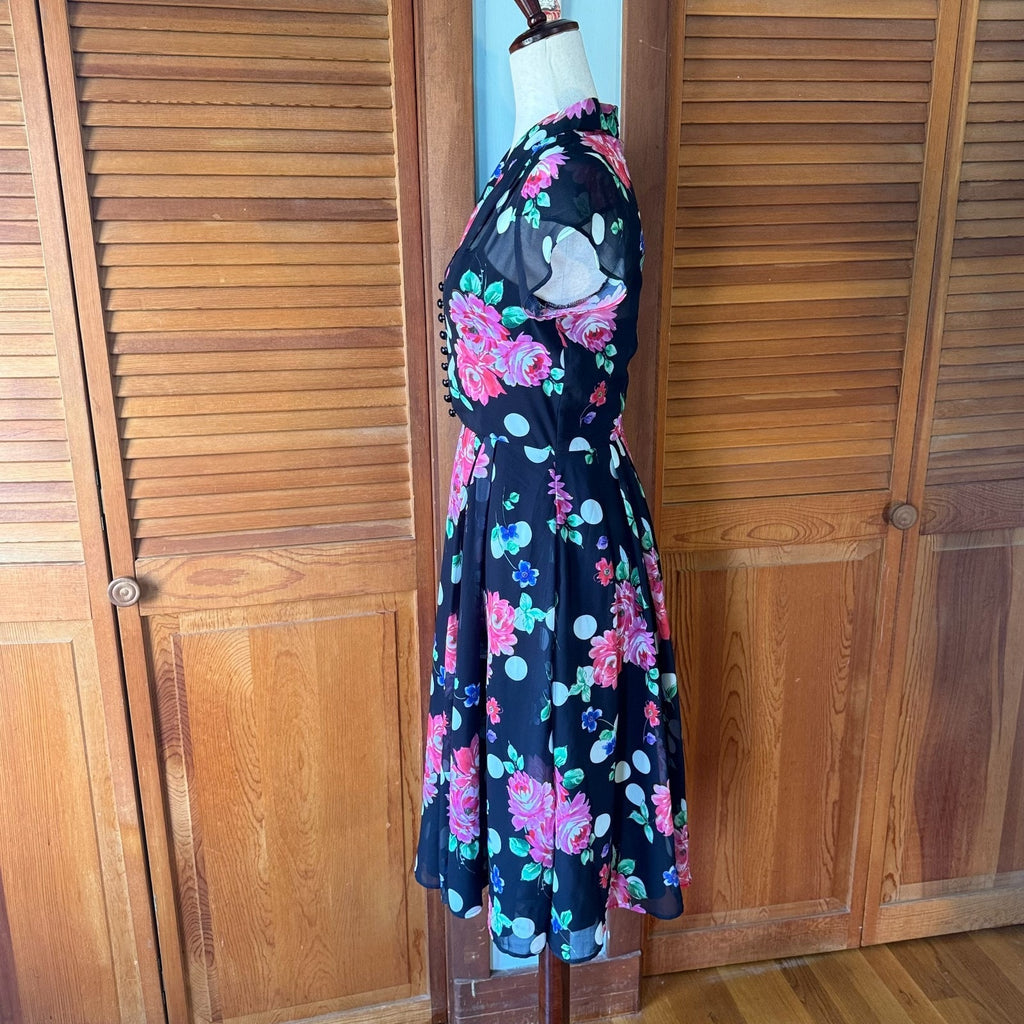 Hell Bunny Black Pink Rose Dark Cottage Retro Romantic Feminine Dress XS