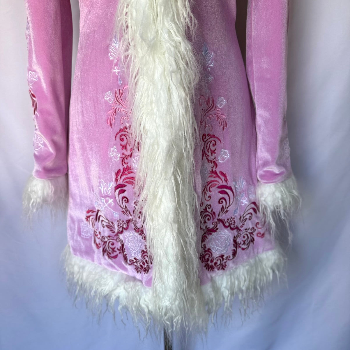 Dolls Kill Whimsigoth Victorian Dollcore Embroidered Pink Faux Fur Trim Jacket