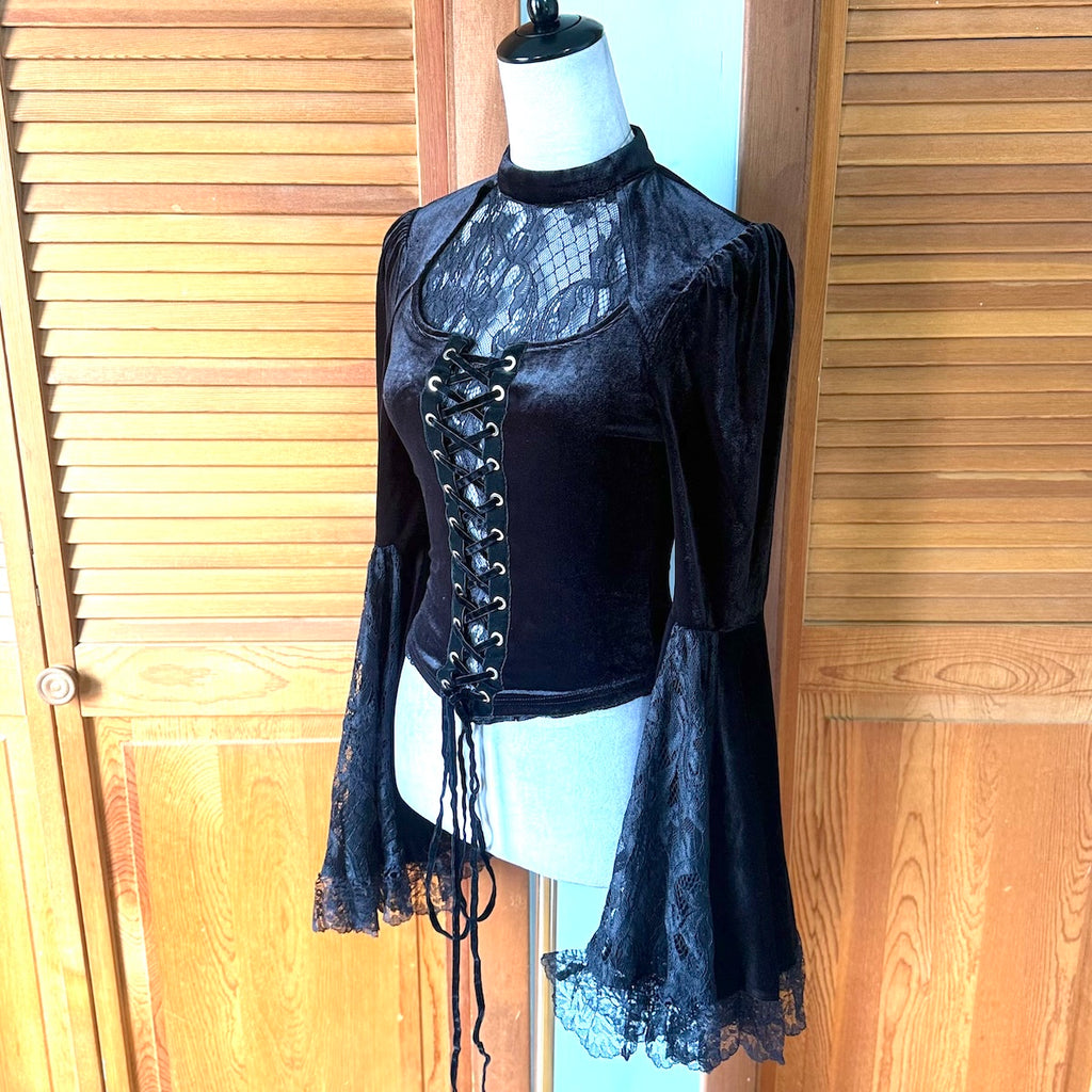 Dark in Love Victorian Vkei Velvet & Lace Belle Sleeve Lace-Up Front Top