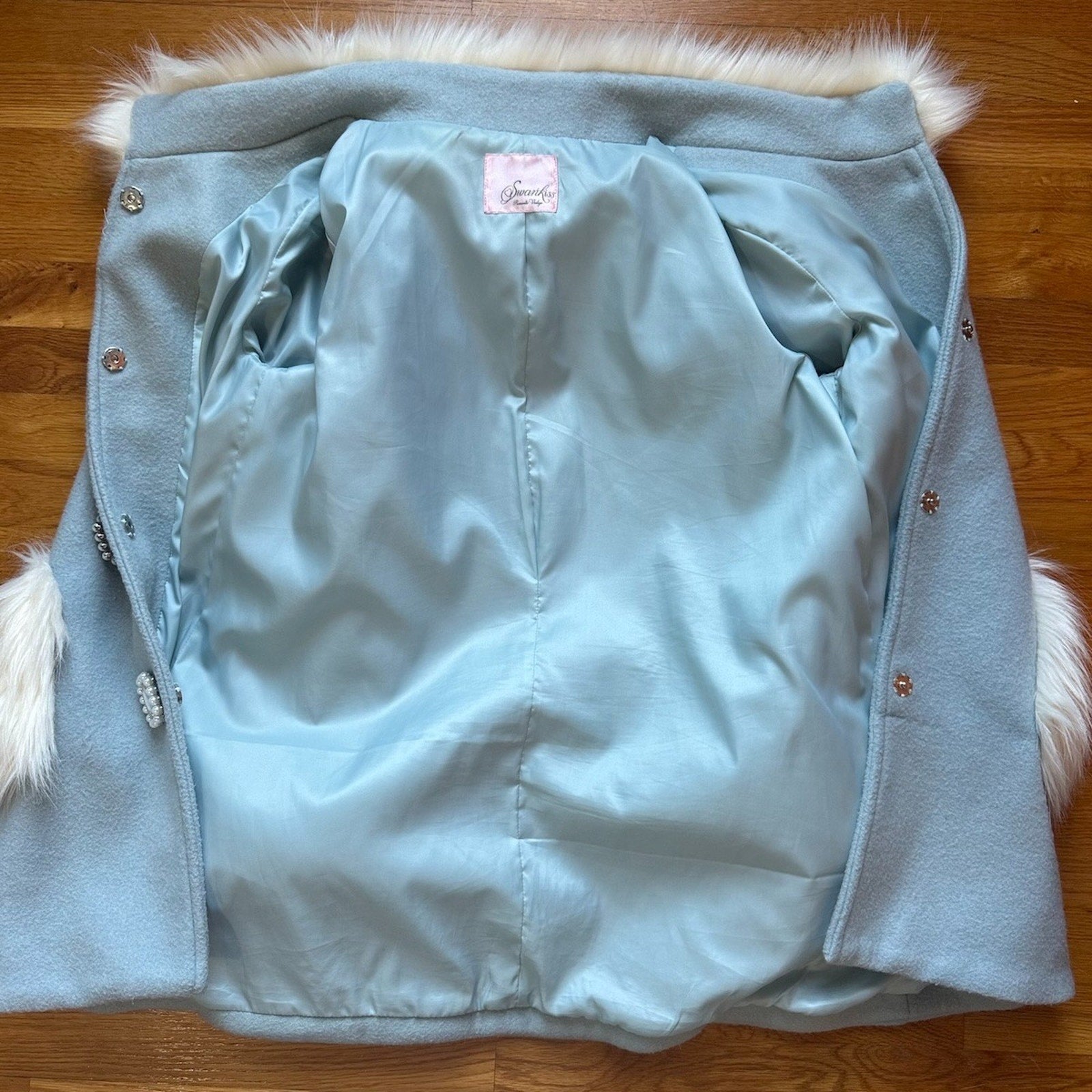 Swankiss J-Fashion Kawaii Jirai Kei White Faux Fur Blue Wool Blend Pea Coat M-L