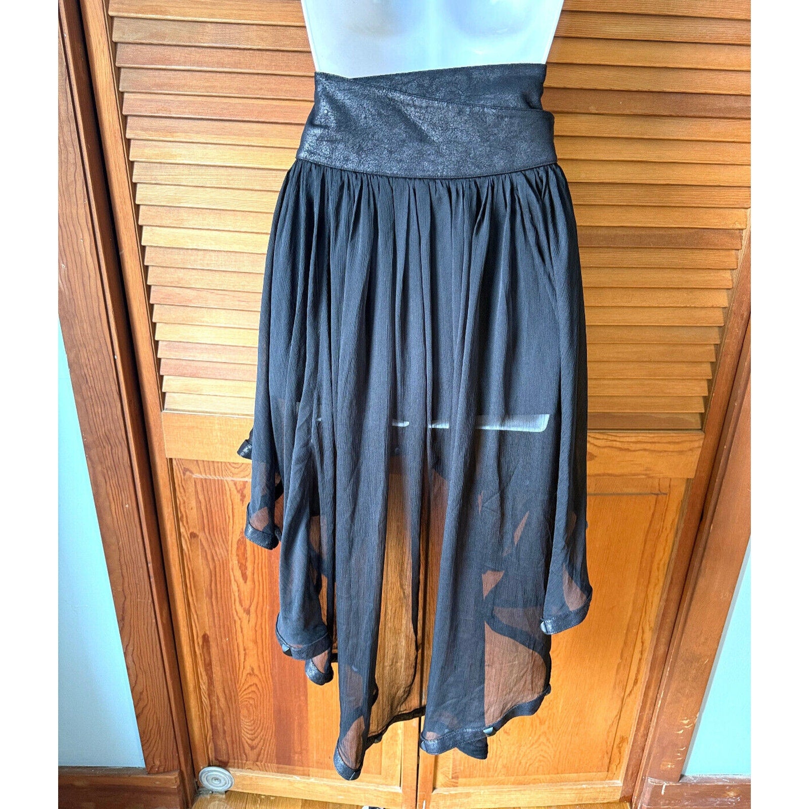 Punk Rave Gothic Victorian Steampunk Black Chiffon Faux Leather Skirt S-M